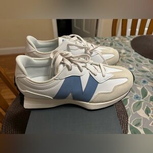 New Balance White & Light Blue 327 Style Sneakers.